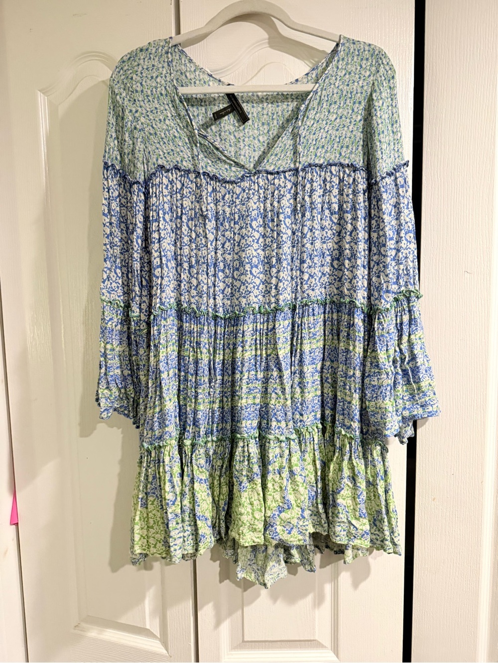 BCBGMaxAzria Blue Green Tiered Mini Dress Boho Bell Sleeve